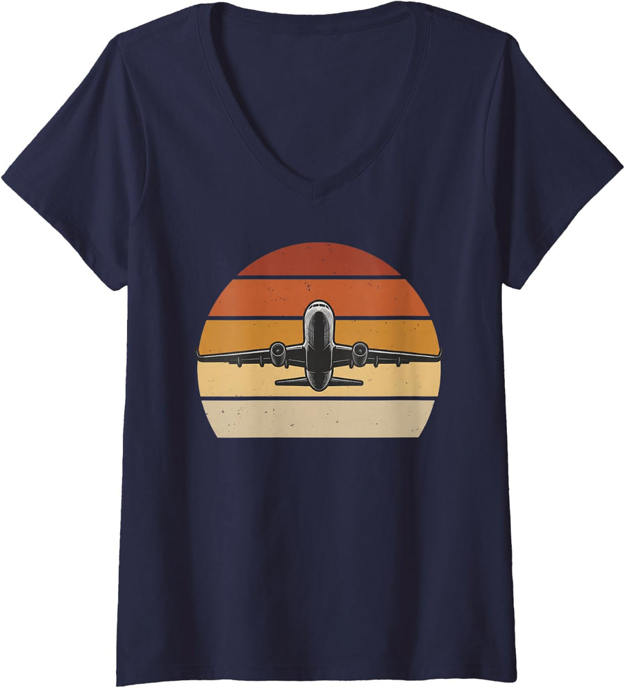 Women's Airplane Takeoff Retro Sunset Jet Airline Pilot Plane Lover V-Neck T-Shirt - Navy Blue