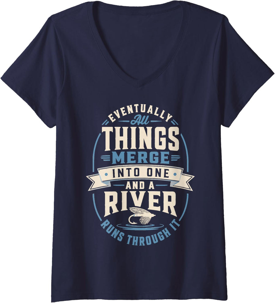 Women's River Fishing Quote Freshwater Angler Fisherman V-Neck T-Shirt - Navy Blue