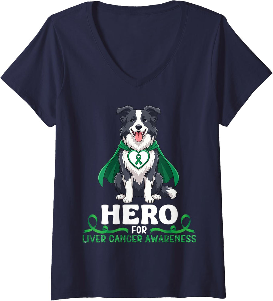 Women's Border Collie Dog Hero for Liver Cancer Awareness Supporter V-Neck T-Shirt - Navy Blue