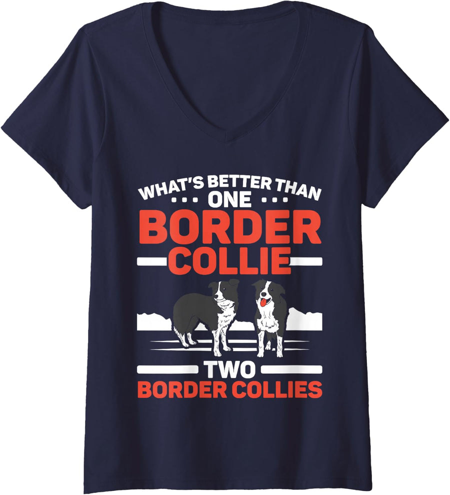 Women's What's Better Than One Border Collie Two Border Collies V-Neck T-Shirt - Navy Blue