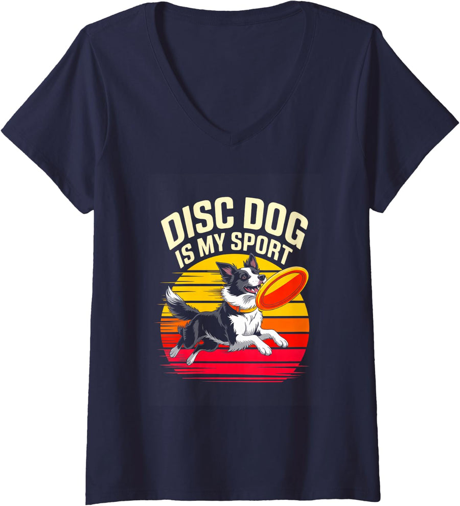 Women's Disc Dog is My Sport Border Collie Frisbee Dog V-Neck T-Shirt - Navy Blue