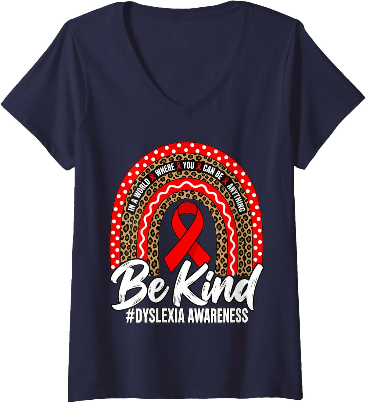 Women's Be Kind Leopard Rainbow Dyslexia Awareness Teacher V-Neck T-Shirt - Navy Blue