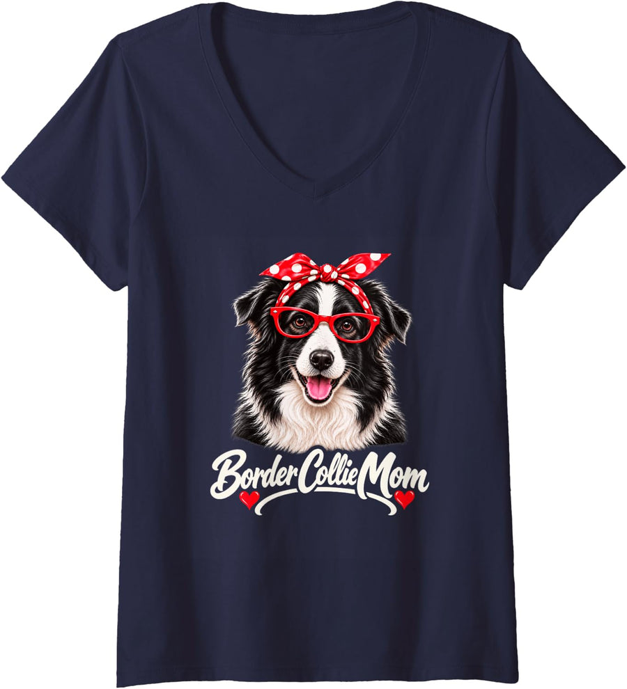 Women's Border Collie Mom Cute Collie Dog Mama V-Neck T-Shirt - Navy Blue