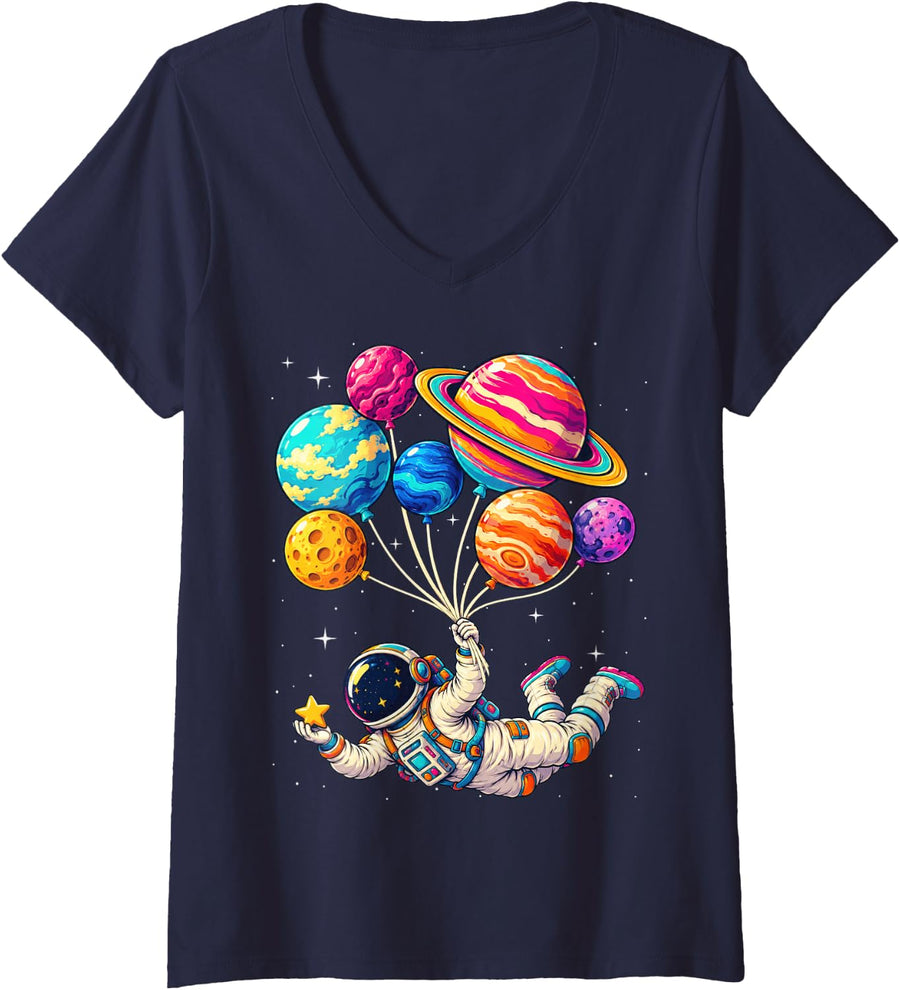 Women's Astronaut Holding Star and Solar System Planet Balloons V-Neck T-Shirt - Navy Blue