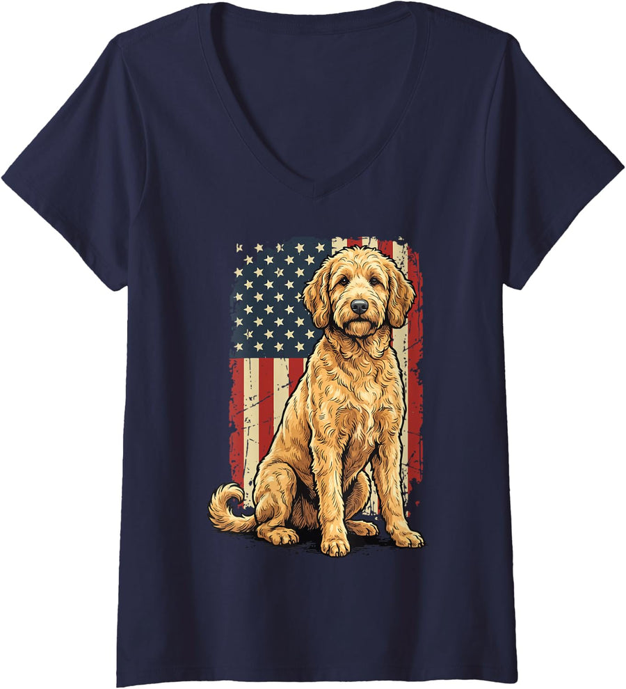 Women's Goldendoodle USA Flag V-Neck T-Shirt - Navy Blue