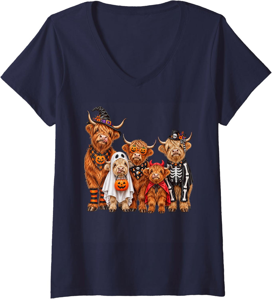 Women's Funny Highland Cow Halloween Costumes Cute Spooky Cows V-Neck T-Shirt - Navy Blue
