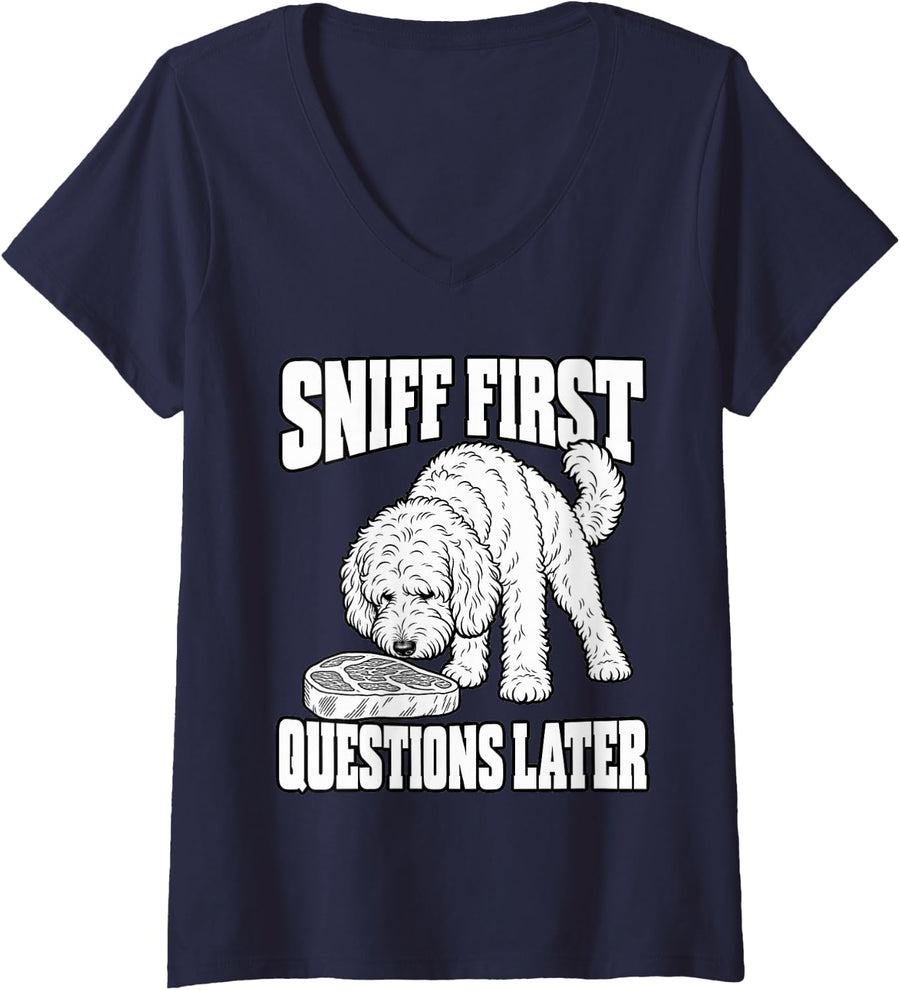 Women's Goldendoodle Sniff First Questions Later Pet Parent Humor V-Neck T-Shirt - Navy Blue