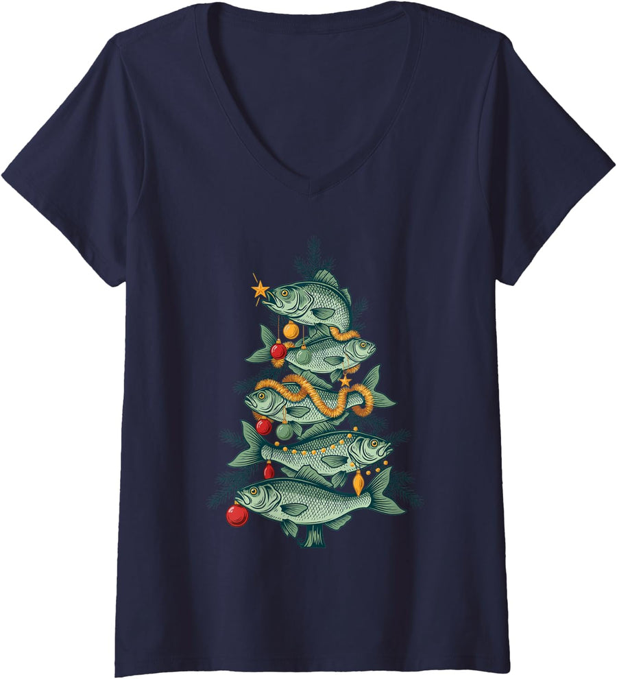 Women's Fishing Christmas Tree Funny Xmas Fish Fisherman V-Neck T-Shirt - Navy Blue
