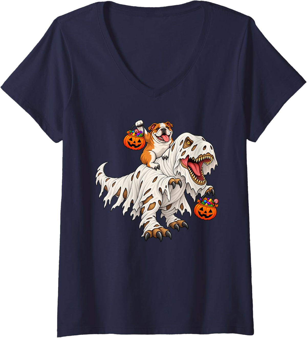 Women's Bulldog Dog Ghost T-Rex Dinosaur Funny Halloween V-Neck T-Shirt - Navy Blue