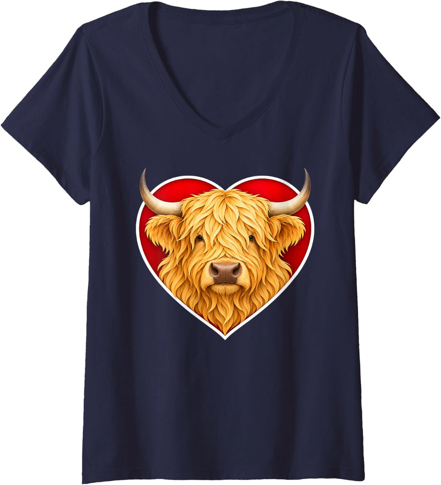 Women's Yellow Highland Cow Heart V-Neck T-Shirt - Navy Blue