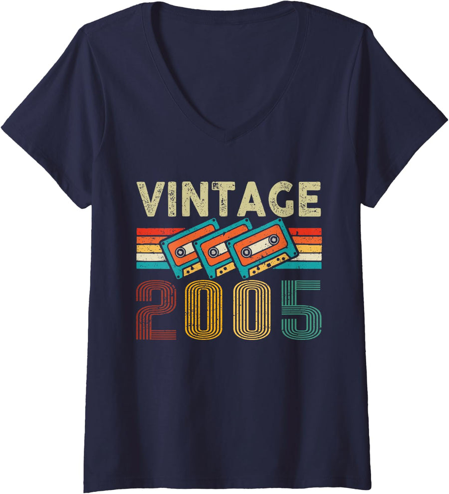 Women's Vintage 2005 Classic Birthday Vintage 2005 Cassette Tape V-Neck T-Shirt - Navy Blue