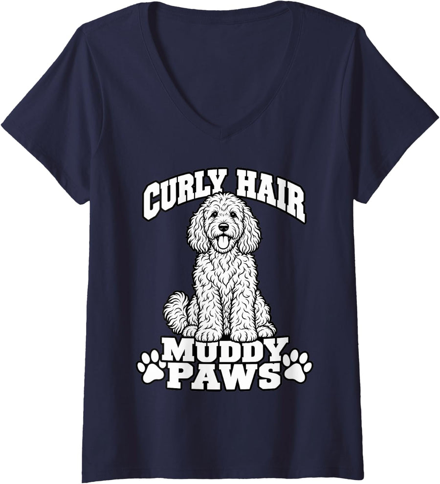 Women's Goldendoodle Curly Hair Muddy Paws Doodle Mom Funny Pup V-Neck T-Shirt - Navy Blue