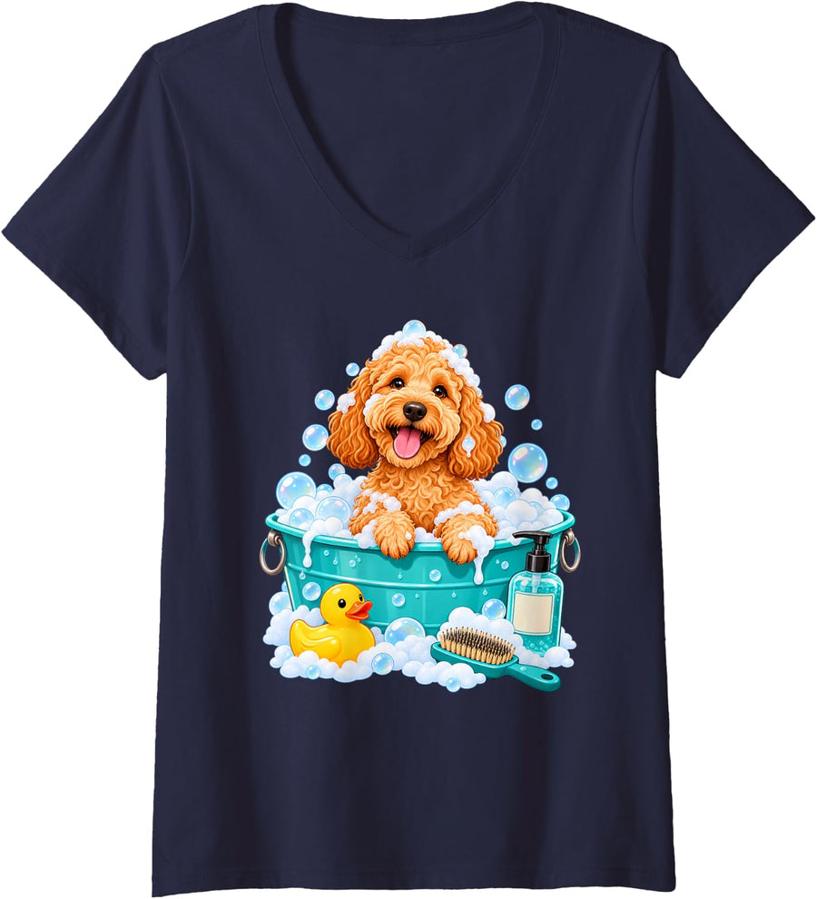 Women's Cute Goldendoodle Bubble Bath Dog Groomer Pet Spa V-Neck T-Shirt - Navy Blue