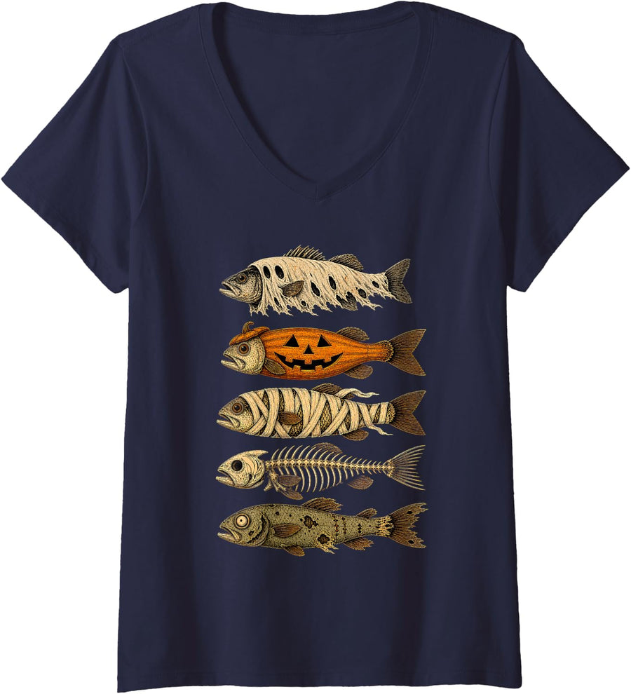 Women's Spooky Halloween Seabass Fish Skeleton Zombie Fishing V-Neck T-Shirt - Navy Blue