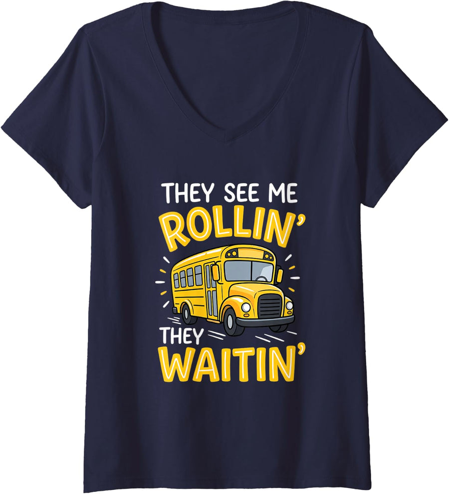 Women's They See Me Rollin' Waitin' Funny School Bus Driver V-Neck T-Shirt - Navy Blue