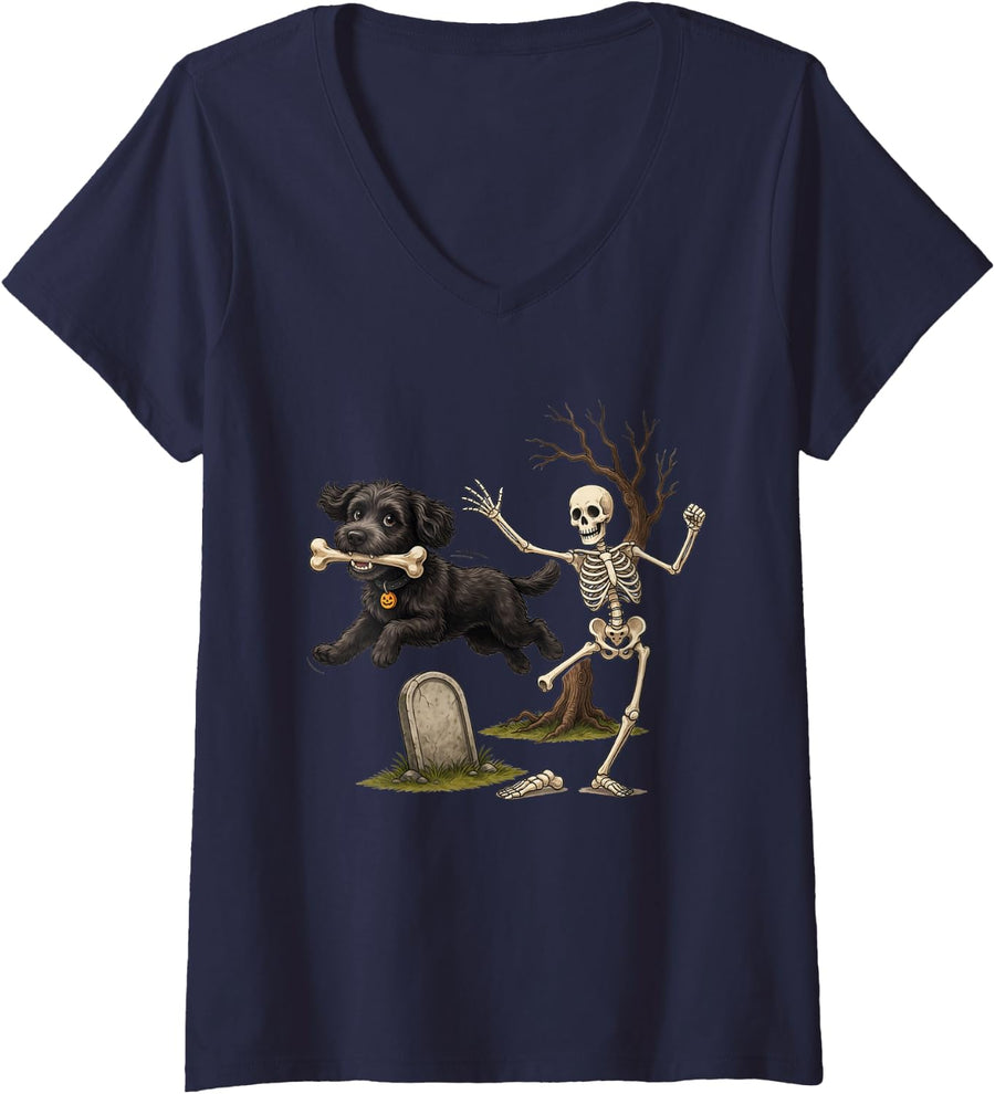 Women's Black Golden Doodle Stealing Bone from Skeleton Halloween V-Neck T-Shirt - Navy Blue