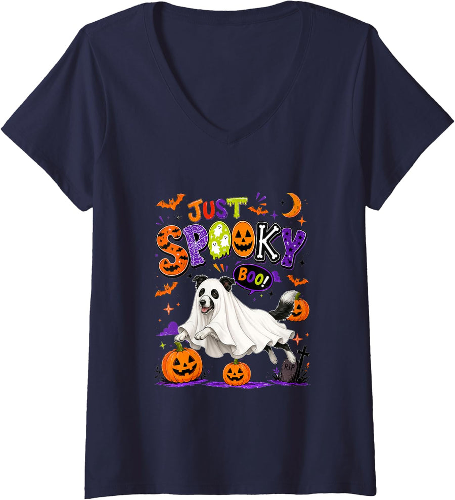Women's Just Spooky Halloween Border Collie Cosplay Boo Lover Owner V-Neck T-Shirt - Navy Blue