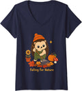 Women's Fall Autumn Falling for Nature Hedgehog V-Neck T-Shirt - Navy Blue