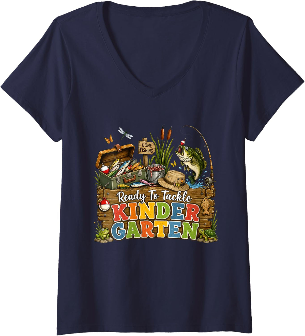 Women's Ready to Tackle Kinder Garten Back to School Bass Fishing V-Neck T-Shirt - Navy Blue