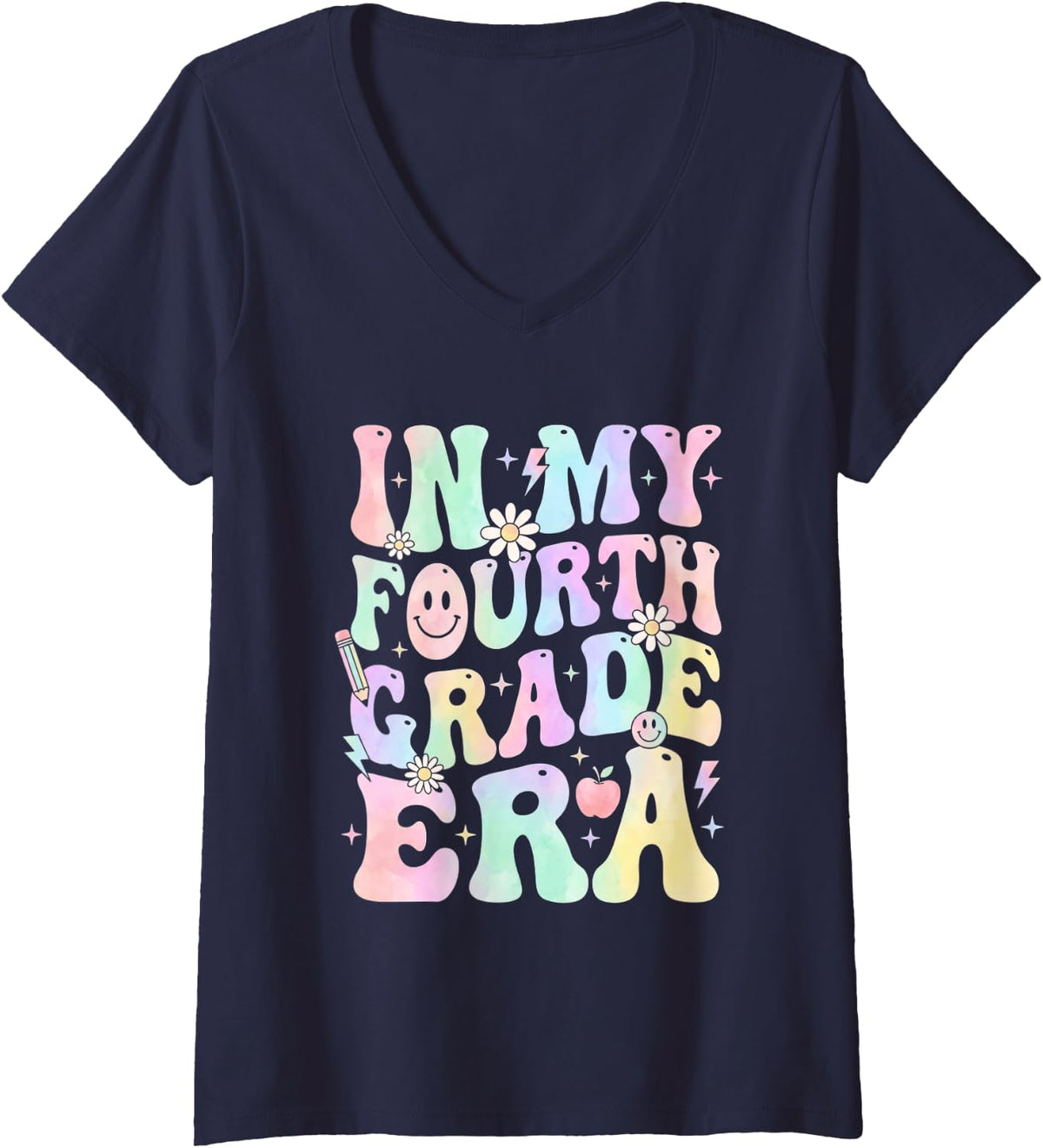 Women's in My Fourth Grade Era Back to School Girls Retro V-Neck T-Shirt - Navy Blue