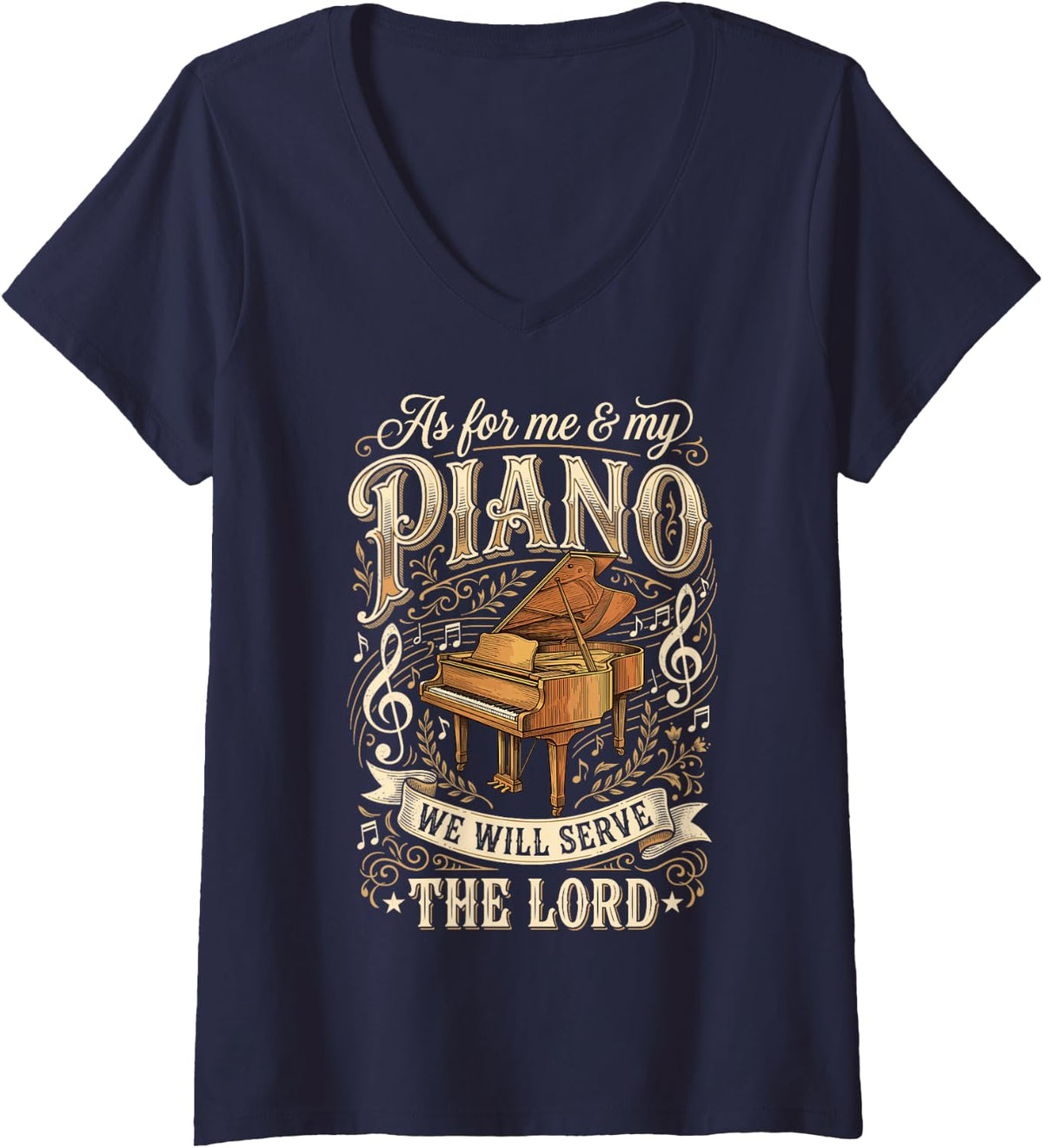 Women's As for Me and My Piano We Will Serve The Lord V-Neck T-Shirt - Navy Blue