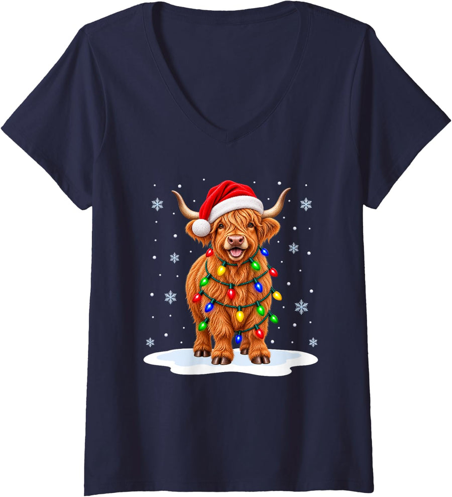 Women's Highland Cow Christmas Lights Animal Lover Xmas V-Neck T-Shirt - Navy Blue