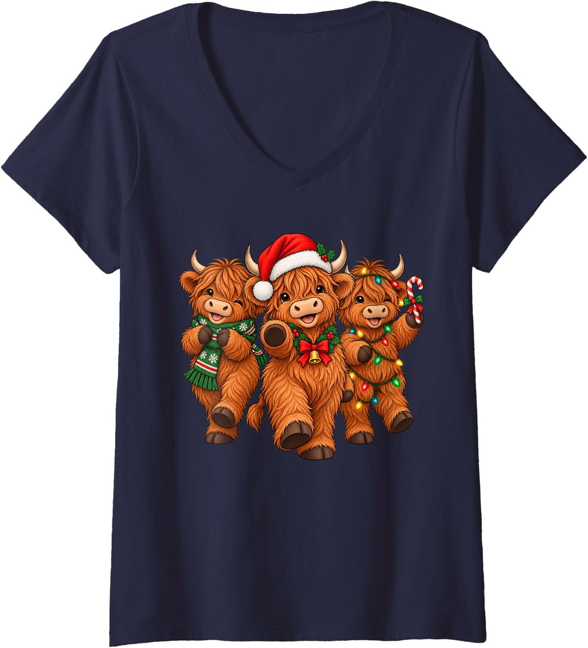 Women's Christmas Highland Cow Trio Santa Hat Festive Xmas Lights V-Neck T-Shirt - Navy Blue