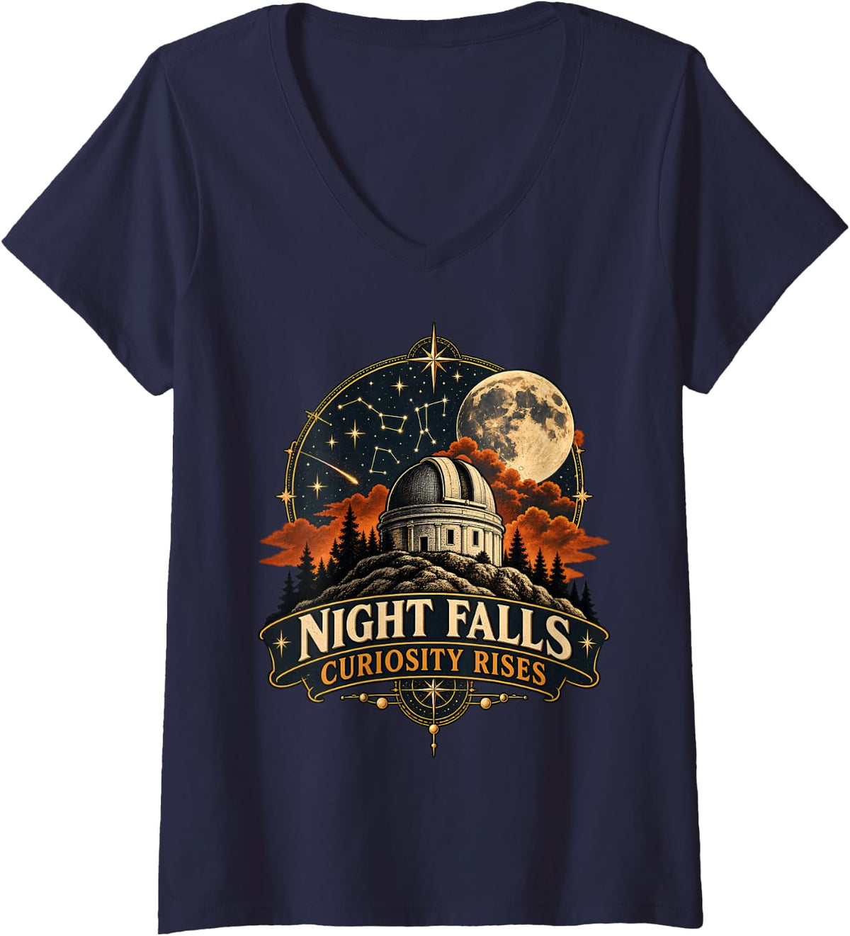 Women's Night Falls Curiosity Rises Astronomy Observatory V-Neck T-Shirt - Navy Blue