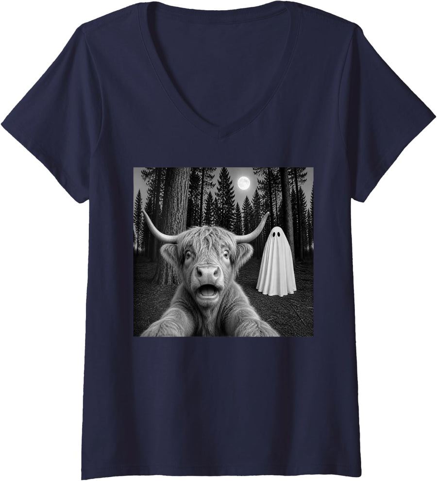 Women's Spooky Scottish Highland Cow Selfie with Ghost Halloween V-Neck T-Shirt - Navy Blue