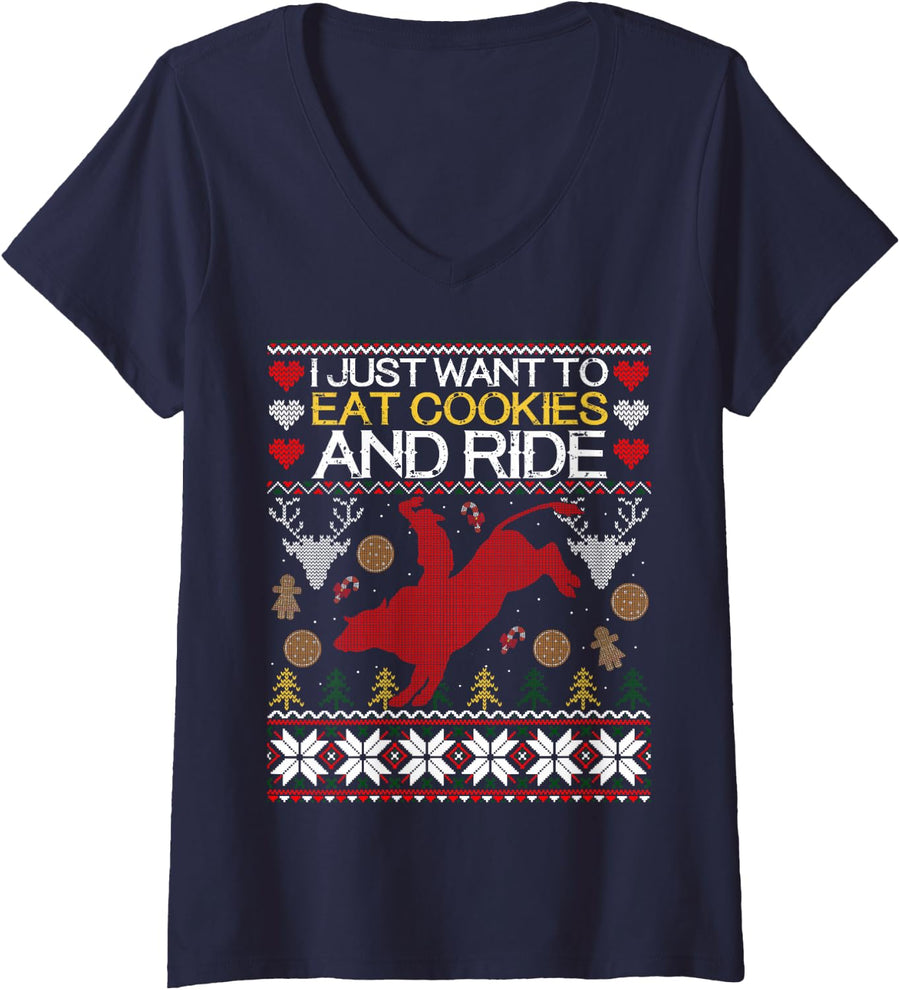 Women's Bull Rider Ugly Christmas Sweater Shirt Bull Riding V-Neck T-Shirt - Navy Blue