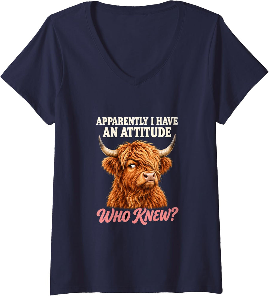 Women's Apparently I Have an Attitude Who Knew Highland Cow Funny V-Neck T-Shirt - Navy Blue