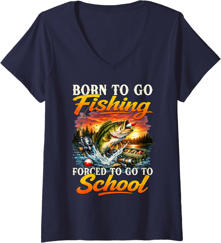 Women's Born to Go Fishing Forced to Go to School Bass Fish Men Kids V-Neck T-Shirt - Navy Blue