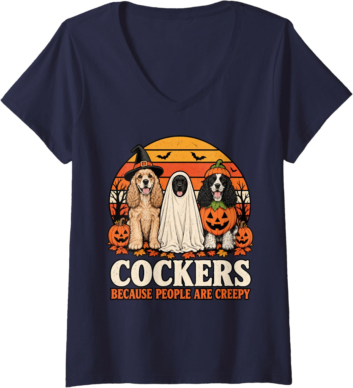 Women's Cockers Because People are Creepy Halloween Cocker Spaniel V-Neck T-Shirt - Navy Blue