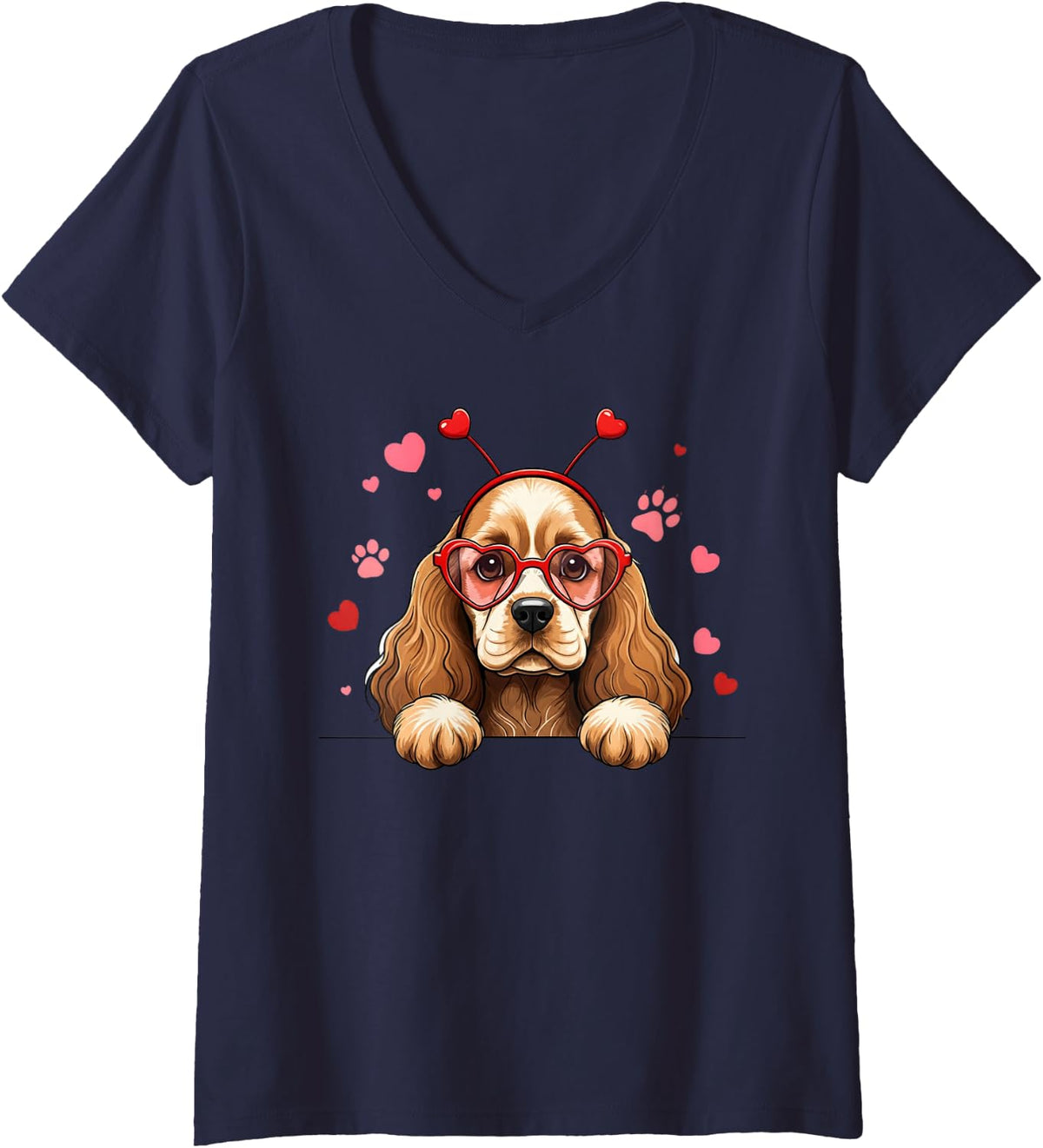 Women's Funny Cocker Spaniel Heart Headband Valentine Womens Mens V-Neck T-Shirt - Navy Blue