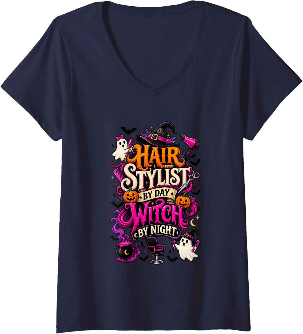 Women's Hair Stylist By Day Witch By Night Funny Halloween V-Neck T-Shirt - Navy Blue