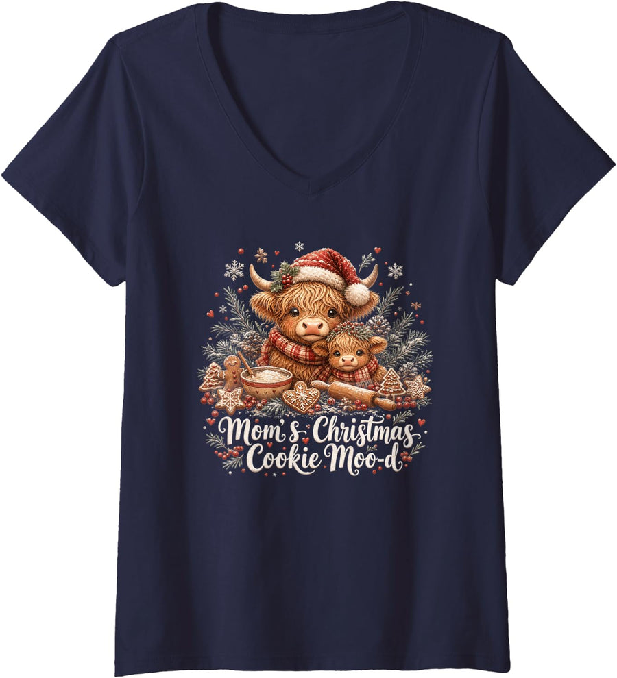 Women's Christmas Baking Mom Highland Cow and Calf V-Neck T-Shirt - Navy Blue