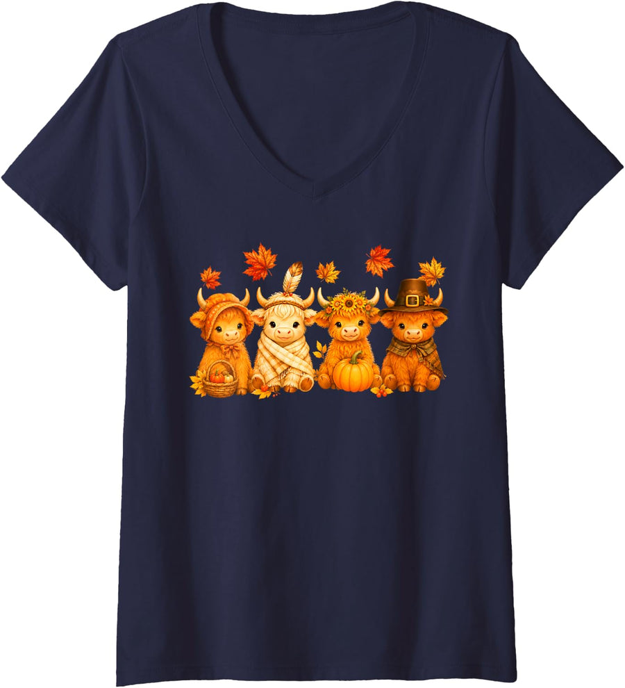 Women's Thanksgiving Day Funny Highland Cow Fall Leaves Autumn Kids V-Neck T-Shirt - Navy Blue