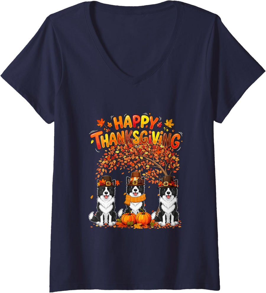 Women's Three Cute Border Collies Thanksgiving Fall Tree Owner V-Neck T-Shirt - Navy Blue