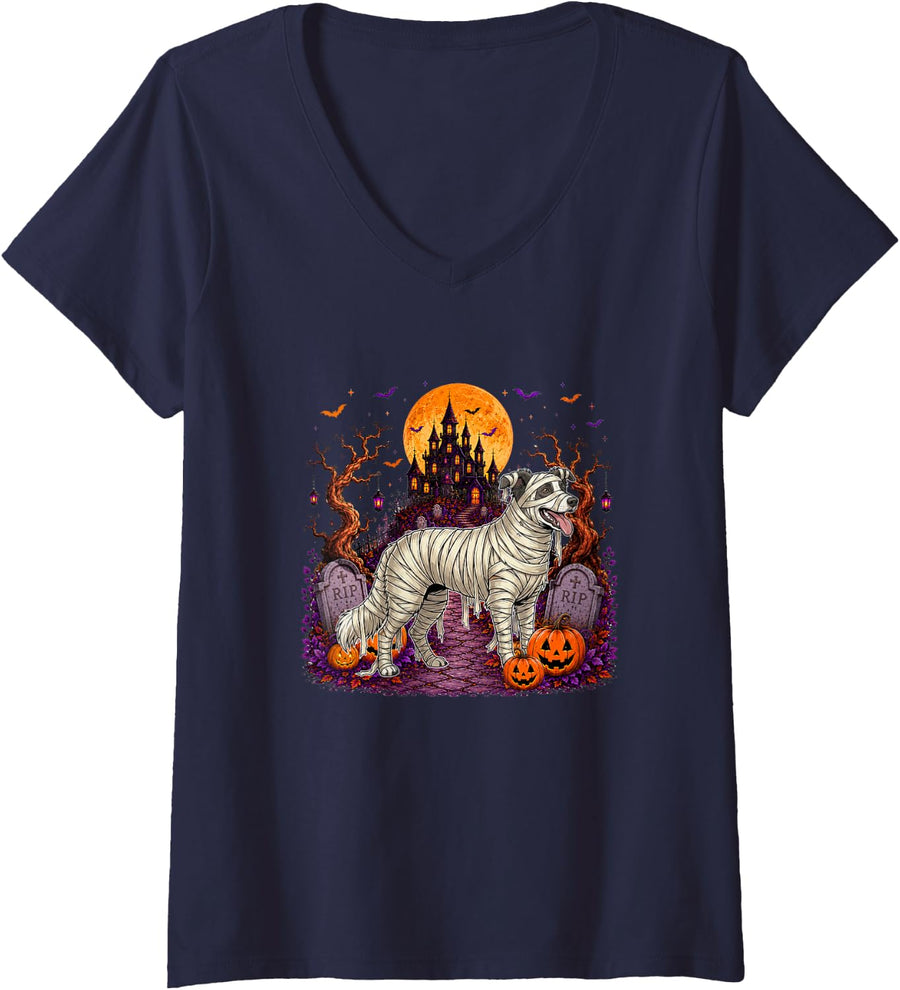 Women's Border Collie Cosplay Mummy Halloween Horror Carved Pumpkins V-Neck T-Shirt - Navy Blue