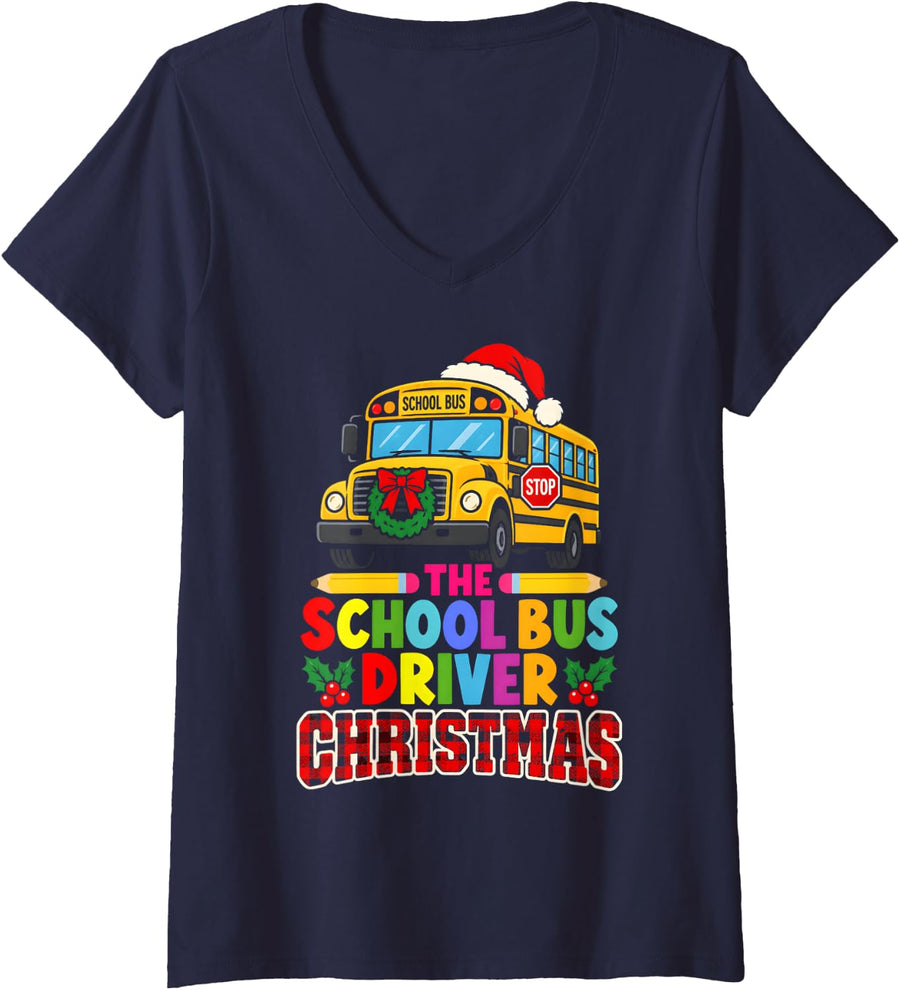 Women's The School Bus Driver Christmas Santa Hat Festive Design V-Neck T-Shirt - Navy Blue