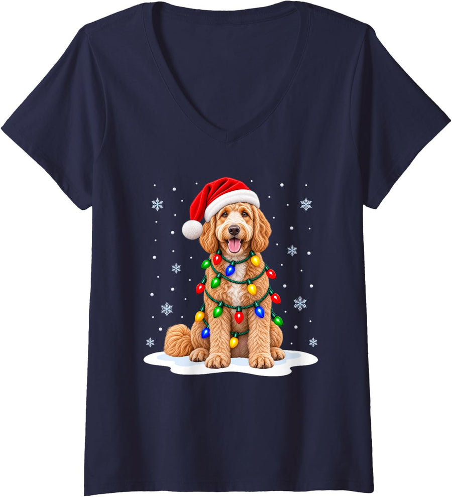 Women's Goldendoodle Christmas Lights Pet Dog Animal Lover Xmas V-Neck T-Shirt - Navy Blue