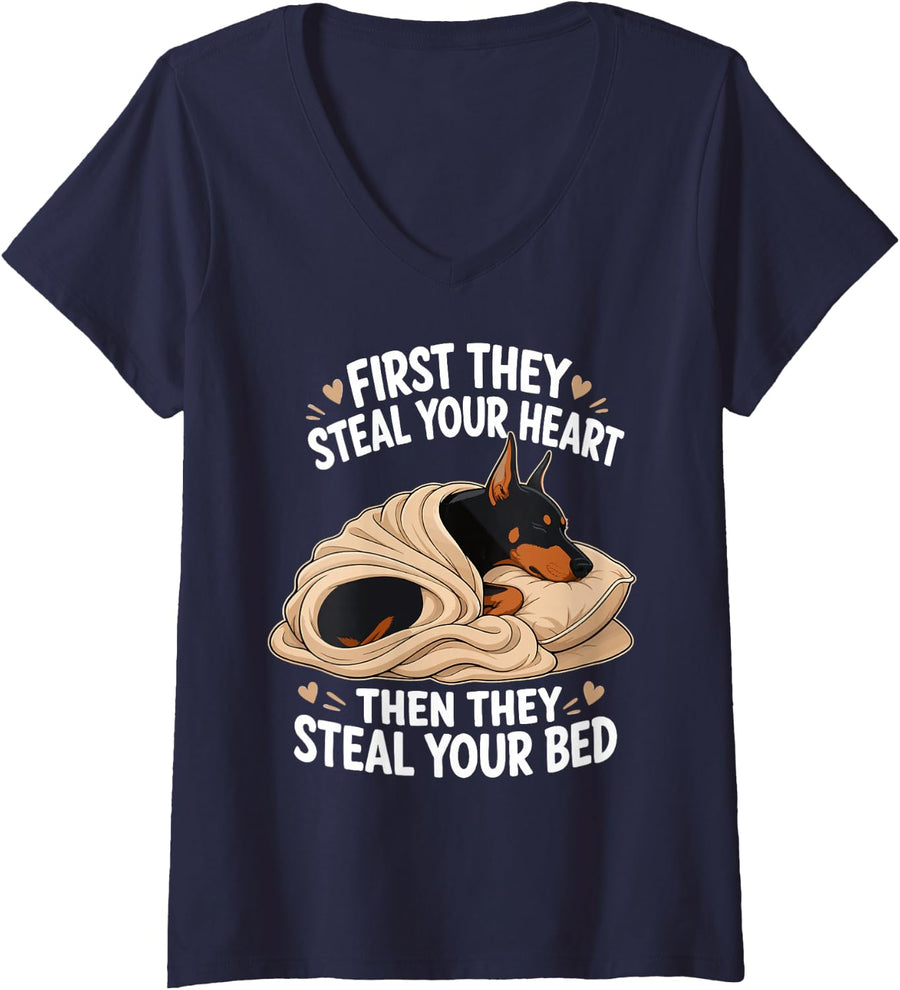 Women's Funny Doberman Pinscher V-Neck T-Shirt - Navy Blue
