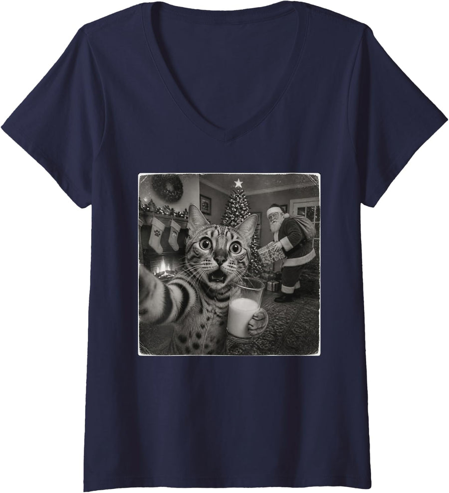 Women's Funny Christmas Bengal Cat V-Neck T-Shirt - Navy Blue