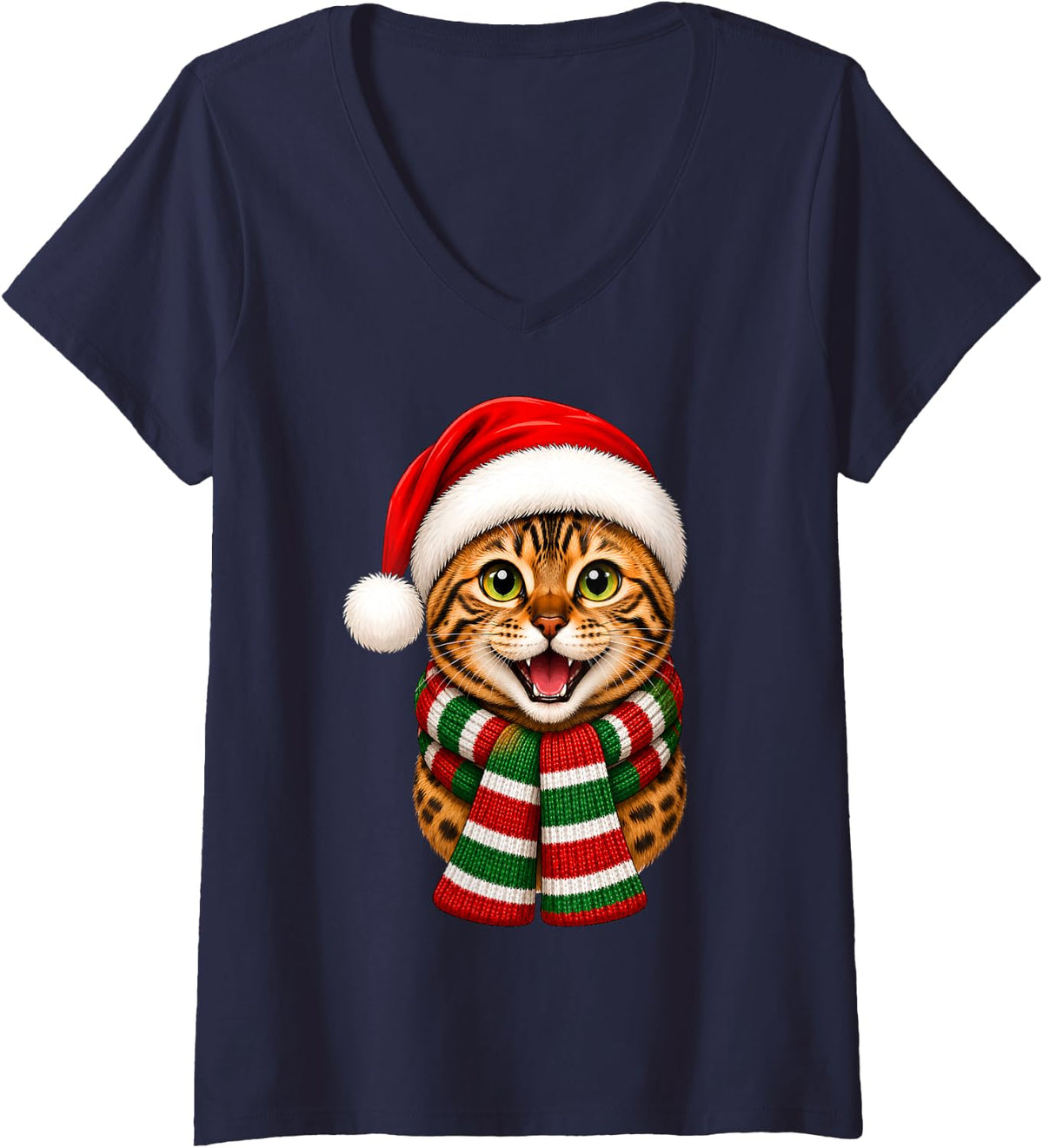 Women's Bengal Cat Christmas Santa Hat Scarf Fun Animal Lover Xmas V-Neck T-Shirt - Navy Blue