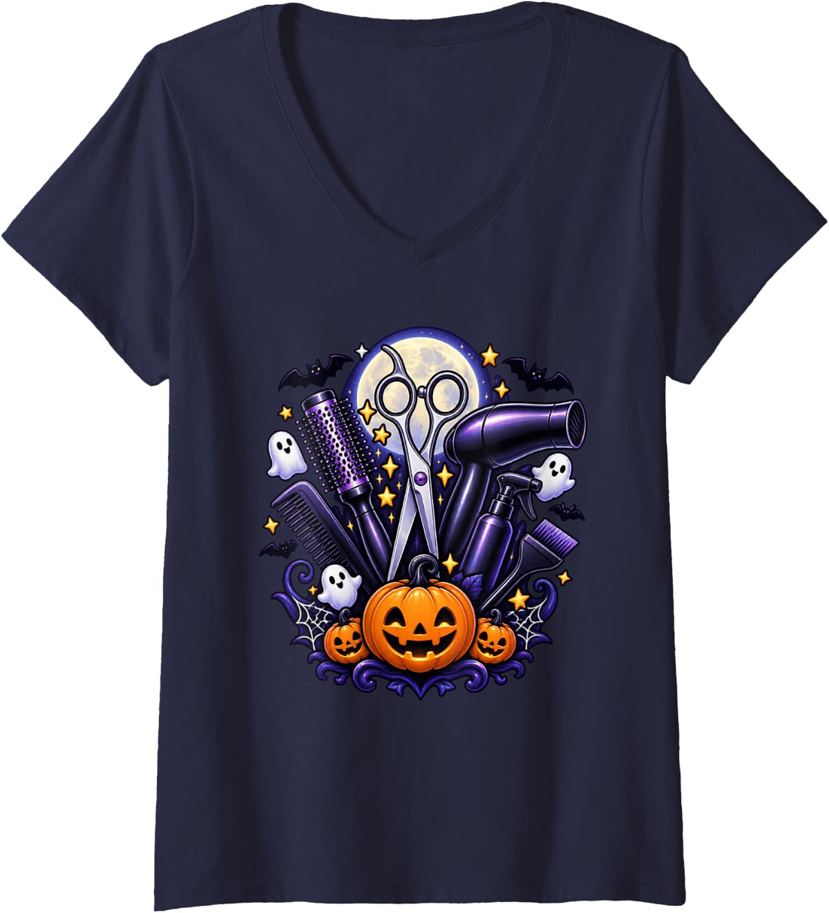 Women's Hair Stylist Halloween Spooky Salon Cosmetologist Barber V-Neck T-Shirt - Navy Blue
