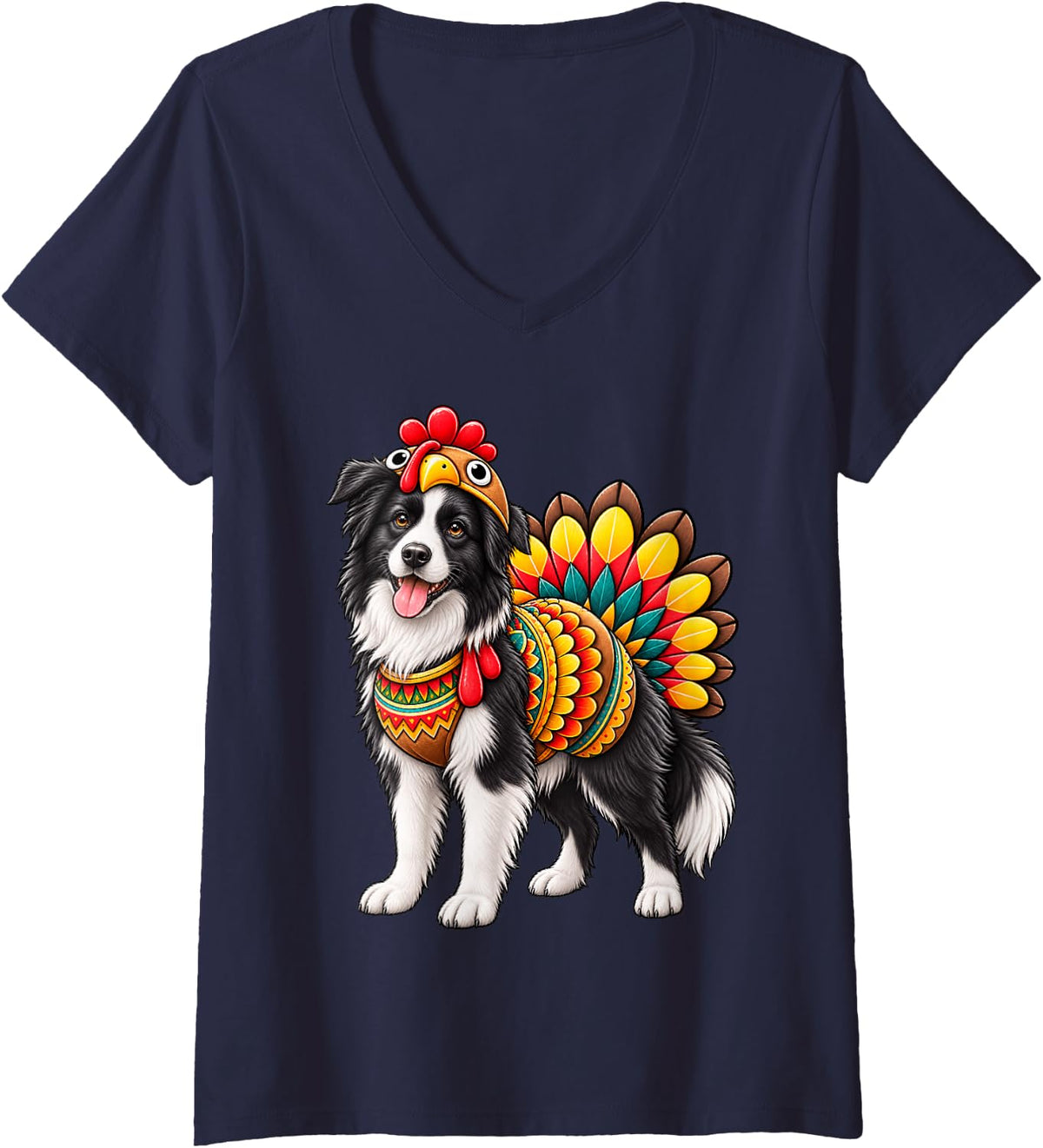 Women's Funny Border Collie Turkey Costume Thanksgiving Dog Lover V-Neck T-Shirt - Navy Blue