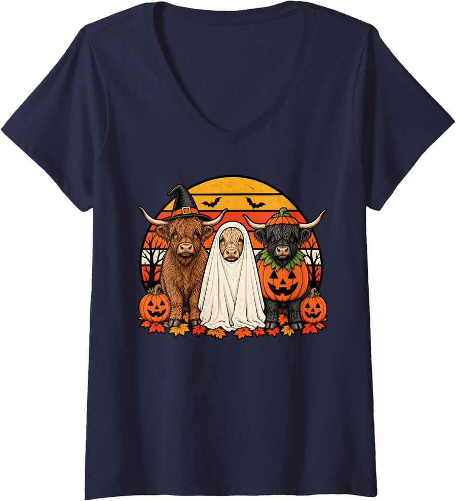 Women's Spooky Scottish Highland Cow Pumpkin Ghost Halloween V-Neck T-Shirt - Navy Blue