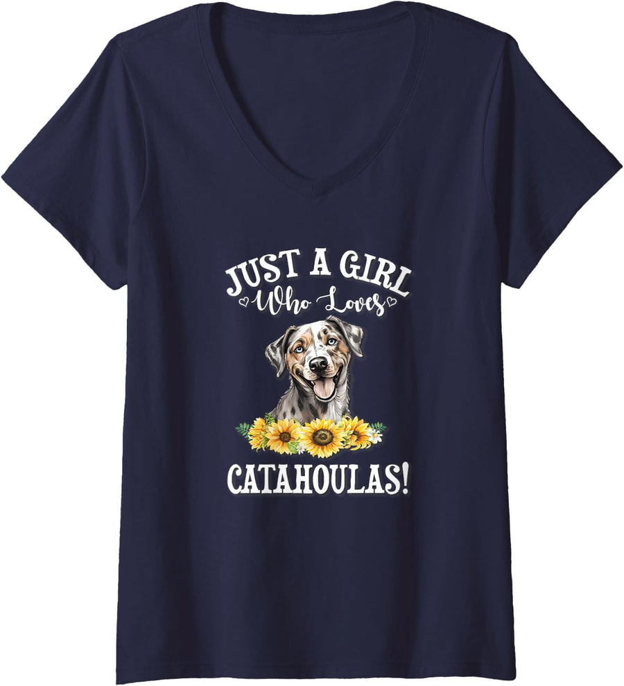 Womens Womens Flowers Just A Girl Who Loves Catahoula Leopard Dogs V-Neck T-Shirt - Navy Blue
