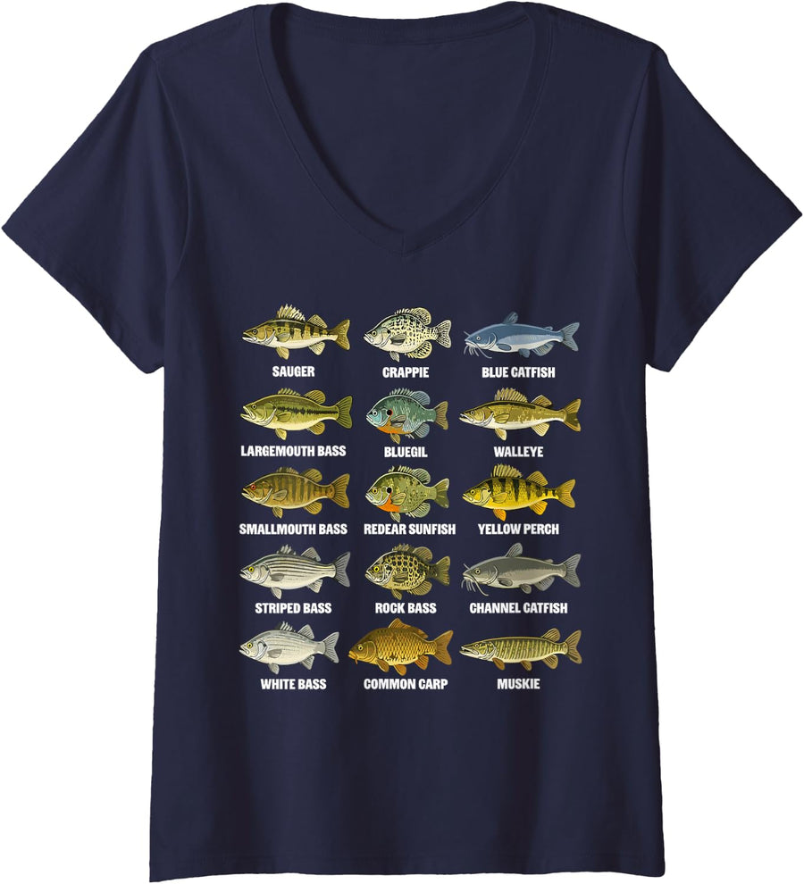 Women's Fish Species Fishing Angler Fisherman V-Neck T-Shirt - Navy Blue