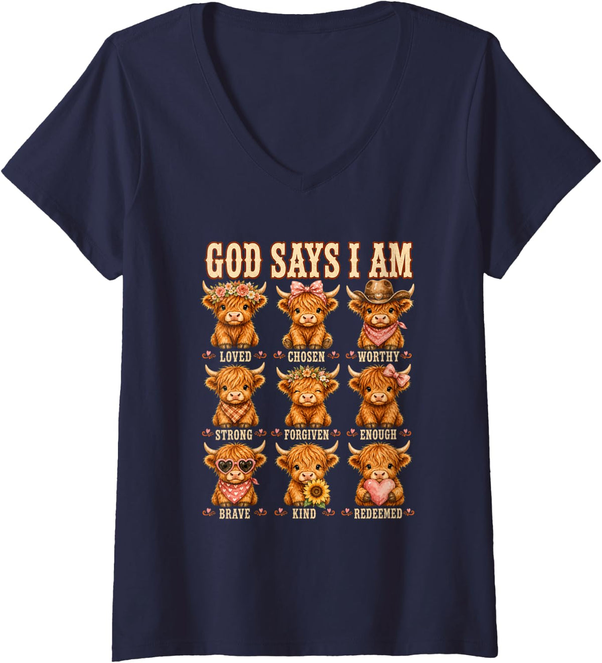 Women's God Says I Am Highland Cow Christian Bible Verse Girls V-Neck T-Shirt - Navy Blue